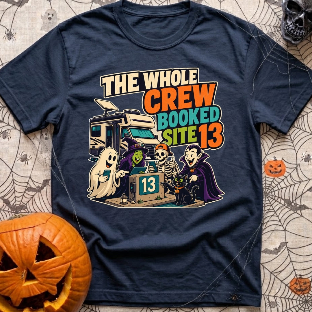The Whole Crew Booked - T-Shirt in Navy - A cartoon illustration featuring the text 'THE WHOLE CREW BOOKED SITE 13' above...
