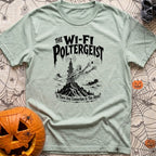 The WiFi Poltergeist - T-Shirt in Bay - A black-and-white illustration of a ghost emerging from a communications tower on...
