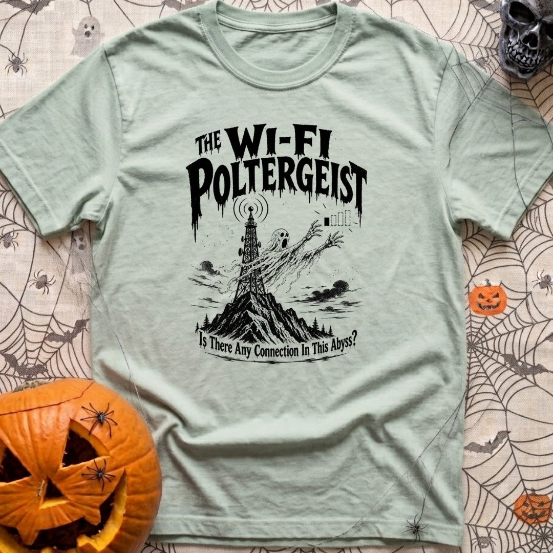 The WiFi Poltergeist - T-Shirt in Bay - A black-and-white illustration of a ghost emerging from a communications tower on...