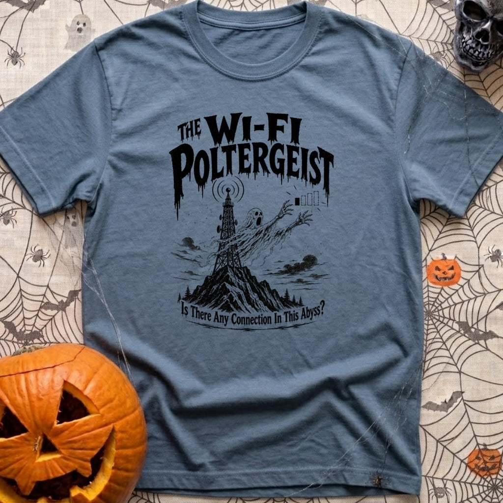 The WiFi Poltergeist - T-Shirt in Blue Jean - A black-and-white illustration of a ghost emerging from a communications...