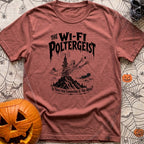 The WiFi Poltergeist - T-Shirt in Brick - A black-and-white illustration of a ghost emerging from a communications tower...
