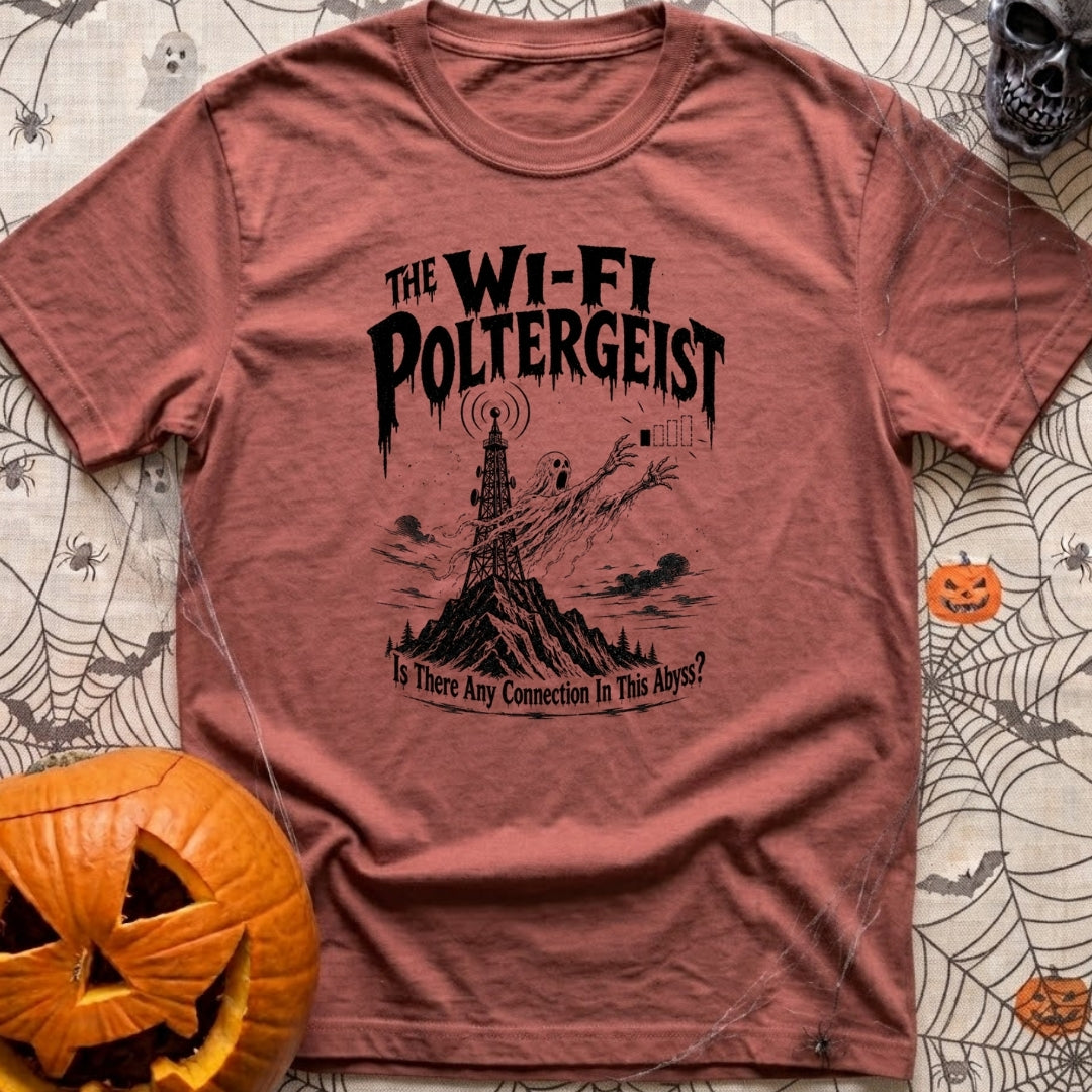 The WiFi Poltergeist - T-Shirt in Brick - A black-and-white illustration of a ghost emerging from a communications tower...