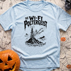 The WiFi Poltergeist - T-Shirt in Chambray - A black-and-white illustration of a ghost emerging from a communications...