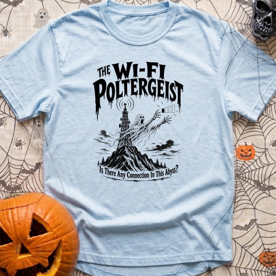 The WiFi Poltergeist - T-Shirt in Chambray - A black-and-white illustration of a ghost emerging from a communications...