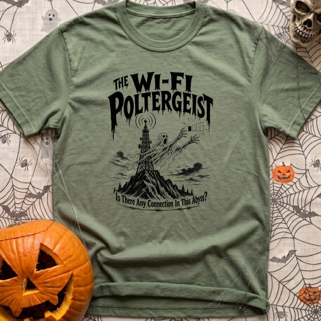 The WiFi Poltergeist - T-Shirt in Moss - A black-and-white illustration of a ghost emerging from a communications tower...