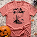 The WiFi Poltergeist - T-Shirt in Watermelon - A black-and-white illustration of a ghost emerging from a communications...