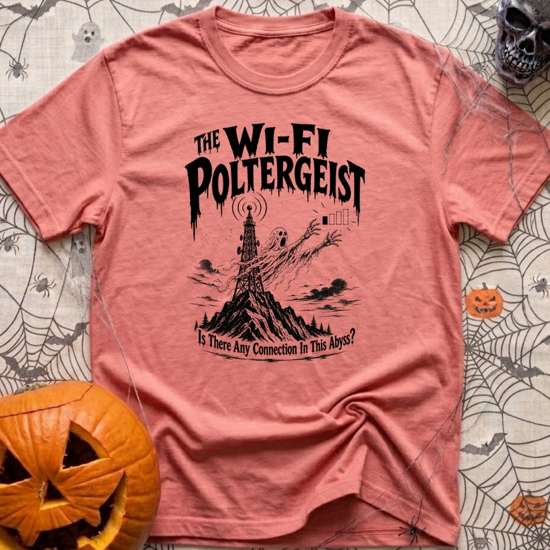 The WiFi Poltergeist - T-Shirt in Watermelon - A black-and-white illustration of a ghost emerging from a communications...