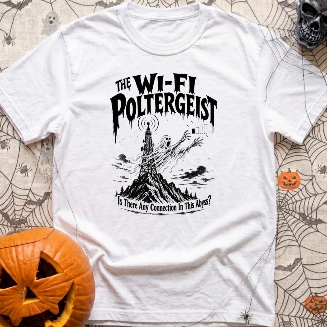 The WiFi Poltergeist - T-Shirt in White - A black-and-white illustration of a ghost emerging from a communications tower...