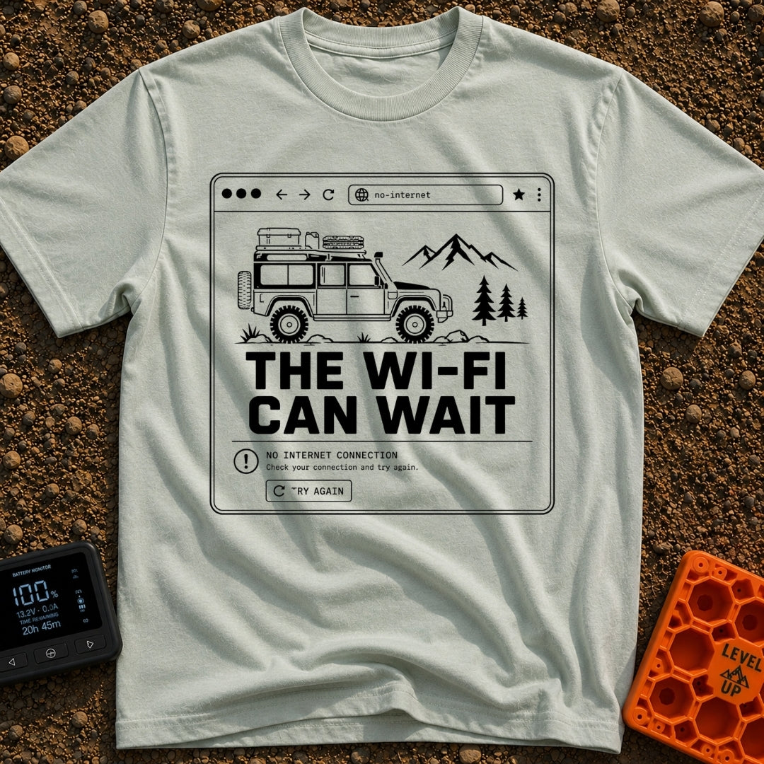 Wifi Can Wait - T-Shirt in Bay - A black and white line-art illustration styled as a web browser window showing an...