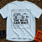 Wifi Can Wait - T-Shirt in Chambray - A black and white line-art illustration styled as a web browser window showing an...