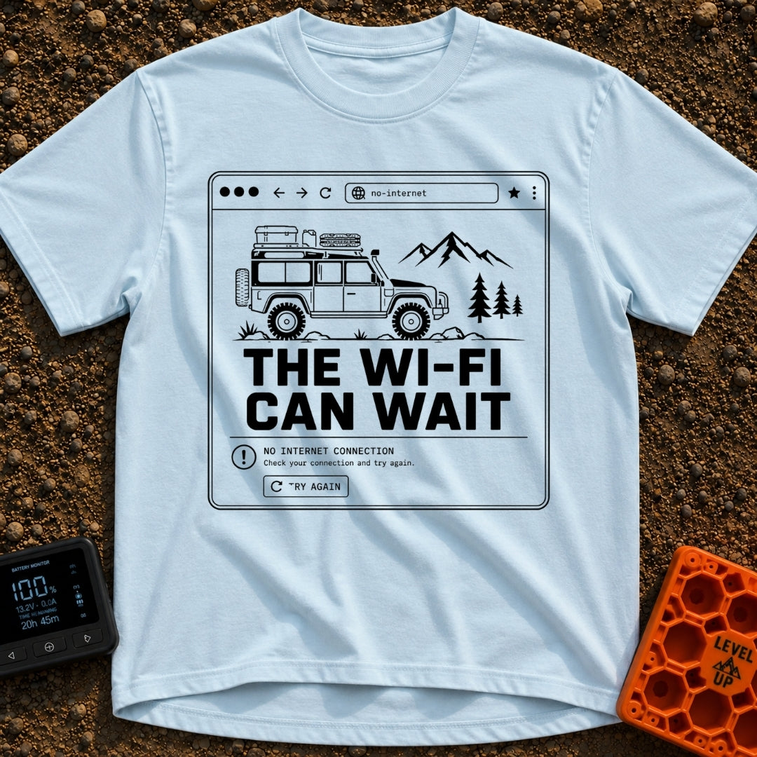 Wifi Can Wait - T-Shirt in Chambray - A black and white line-art illustration styled as a web browser window showing an...