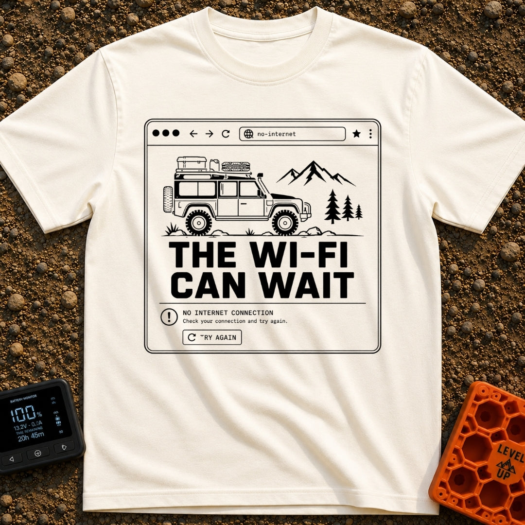 Wifi Can Wait - T-Shirt in Ivory - A black and white line-art illustration styled as a web browser window showing an...