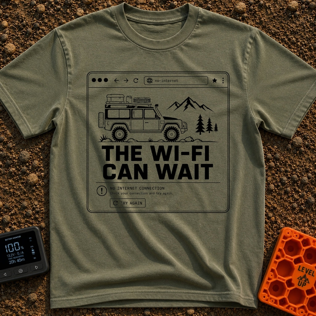 Wifi Can Wait - T-Shirt in Moss - A black and white line-art illustration styled as a web browser window showing an...