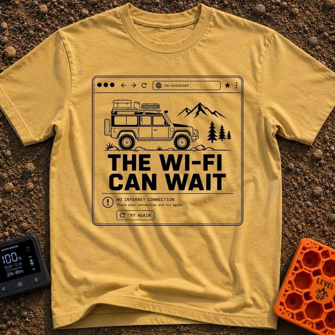 Wifi Can Wait - T-Shirt in Mustard - A black and white line-art illustration styled as a web browser window showing an...