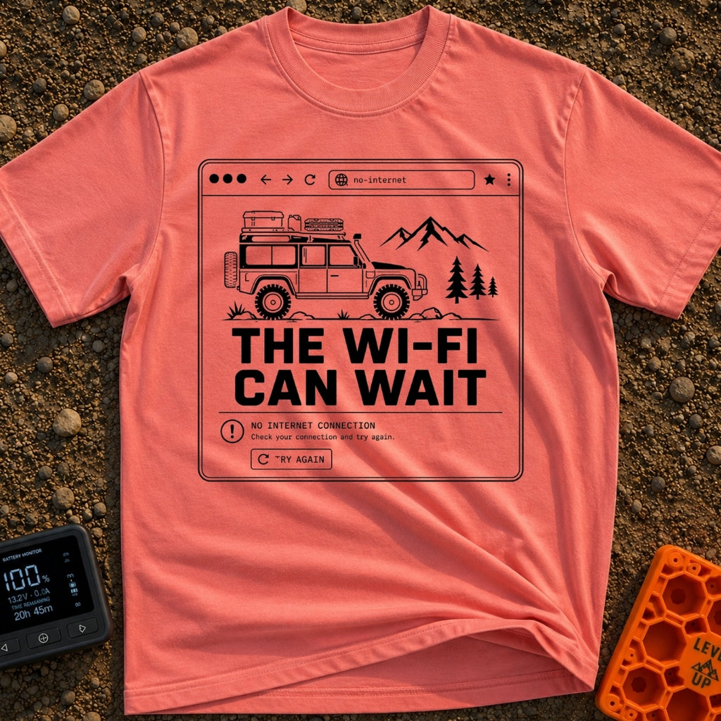Wifi Can Wait - T-Shirt in Watermelon - A black and white line-art illustration styled as a web browser window showing an...