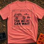 Wifi Can Wait - T-Shirt in Watermelon - A black and white line-art illustration styled as a web browser window showing an...