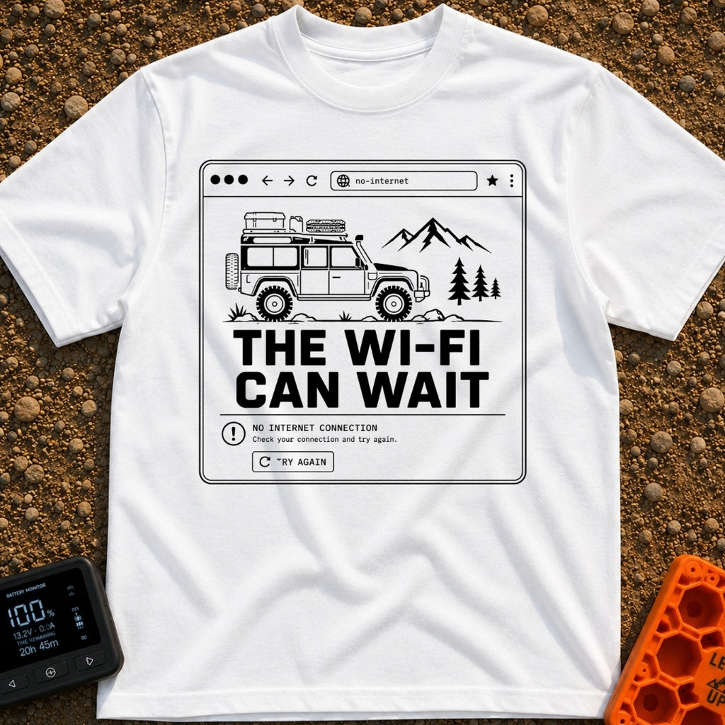 Wifi Can Wait - T-Shirt in White - A black and white line-art illustration styled as a web browser window showing an...
