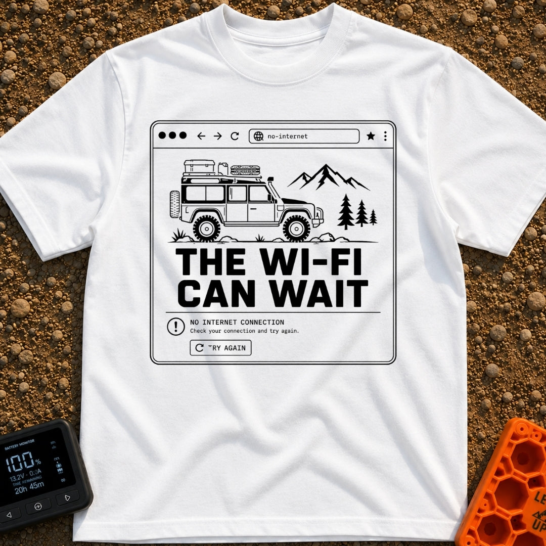 Wifi Can Wait - T-Shirt in White - A black and white line-art illustration styled as a web browser window showing an...