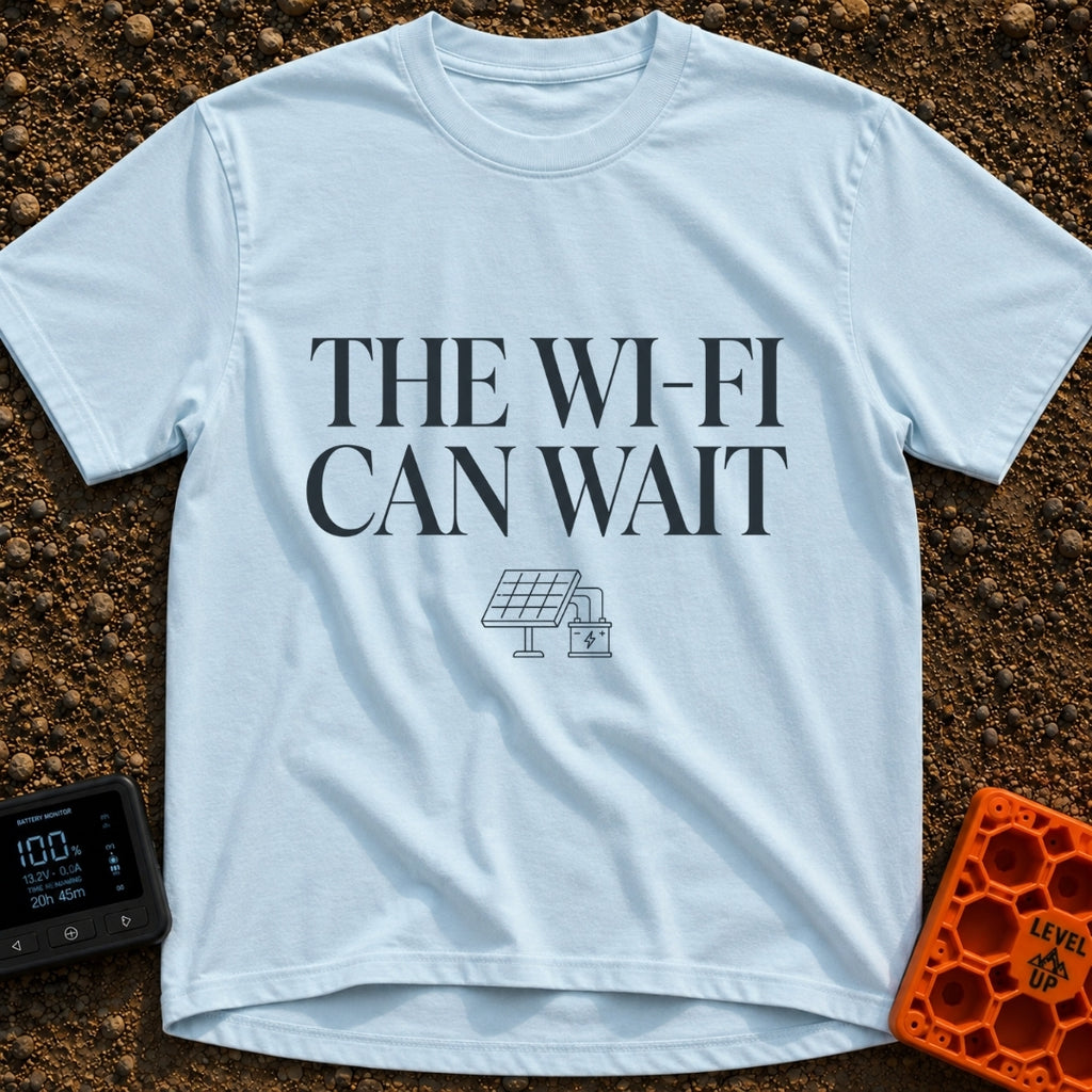 Digital Detox Therapy - T-Shirt in Chambray - The image features the text "THE WI-FI CAN WAIT" in large serif letters...