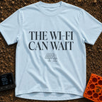 Digital Detox Therapy - T-Shirt in Chambray - The image features the text "THE WI-FI CAN WAIT" in large serif letters...