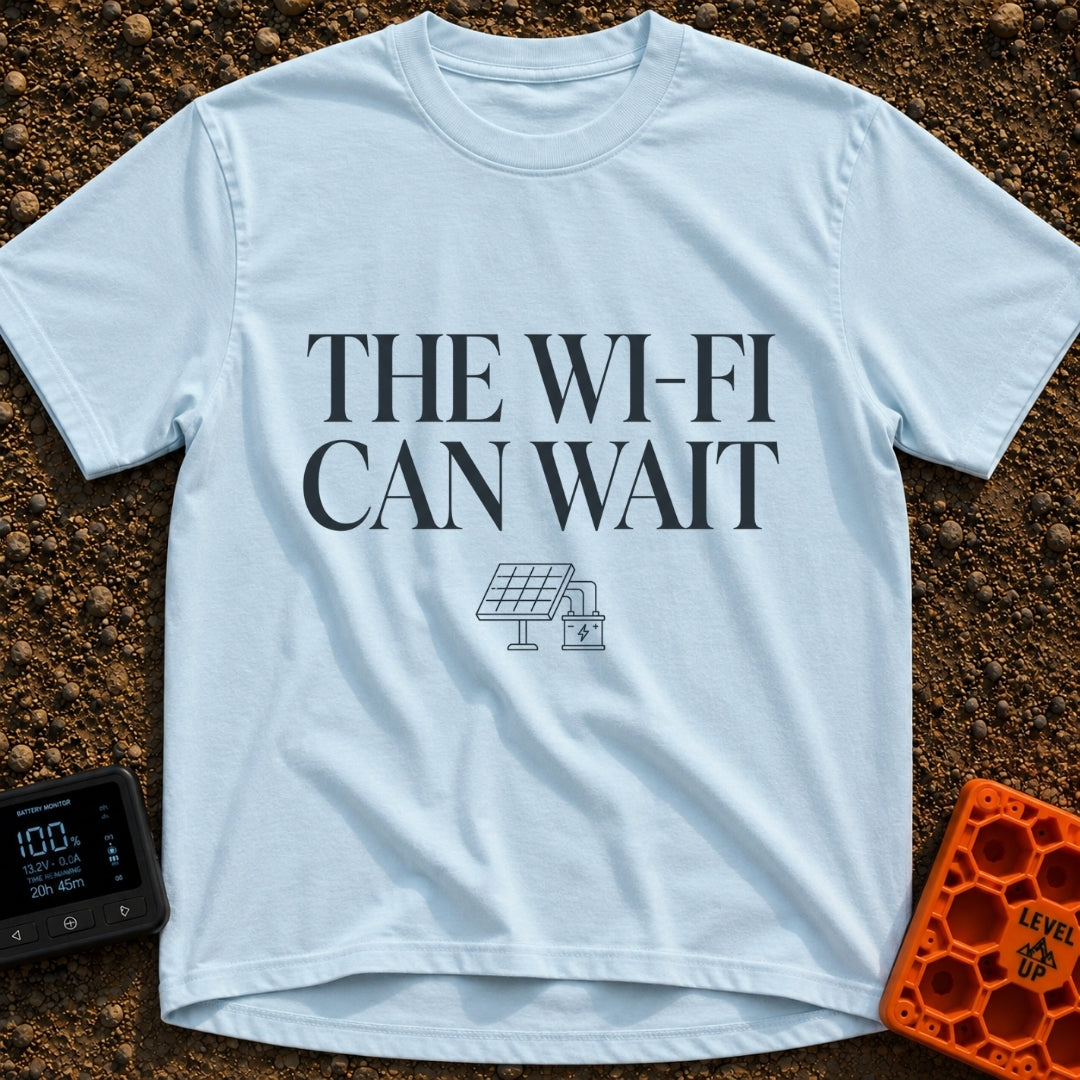 Digital Detox Therapy - T-Shirt in Chambray - The image features the text "THE WI-FI CAN WAIT" in large serif letters...