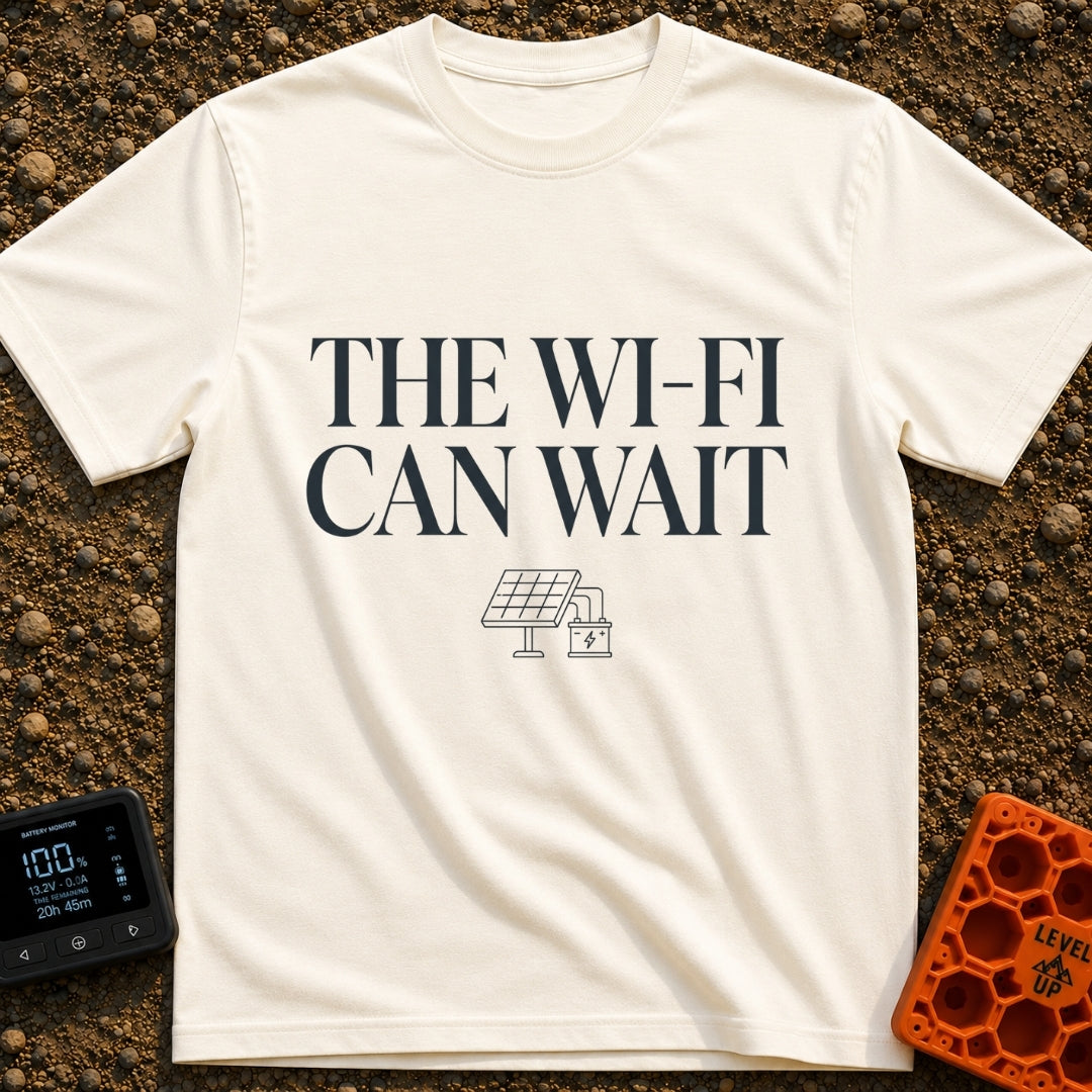 Digital Detox Therapy - T-Shirt in Ivory - The image features the text "THE WI-FI CAN WAIT" in large serif letters above...