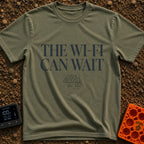 Digital Detox Therapy - T-Shirt in Moss - The image features the text "THE WI-FI CAN WAIT" in large serif letters above a...