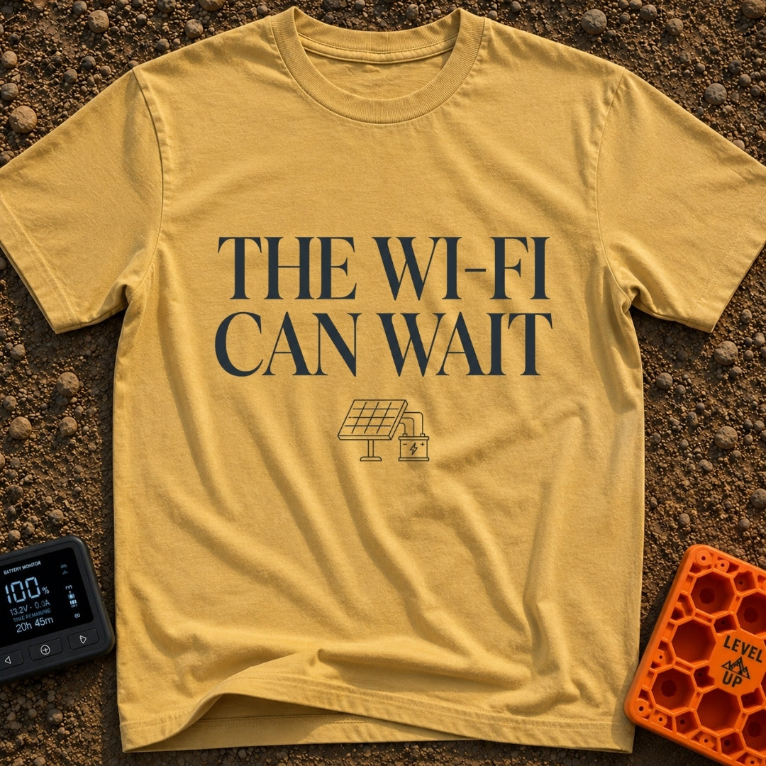 Digital Detox Therapy - T-Shirt in Mustard - The image features the text "THE WI-FI CAN WAIT" in large serif letters...