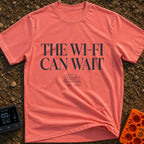Digital Detox Therapy - T-Shirt in Watermelon - The image features the text "THE WI-FI CAN WAIT" in large serif letters...