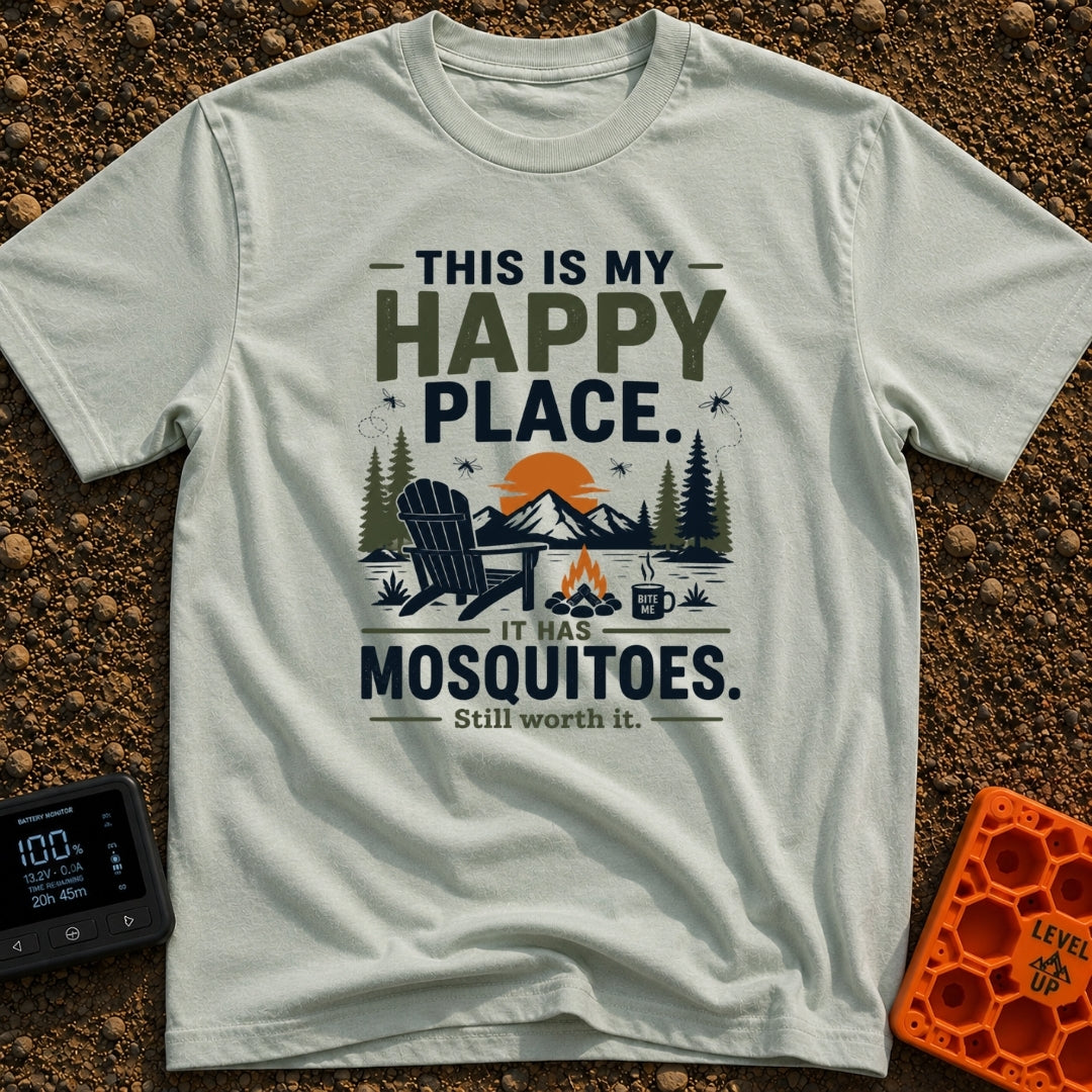 My Itchy Happy Place - T-Shirt in Bay - An illustration of an Adirondack chair next to a campfire with a steaming mug...
