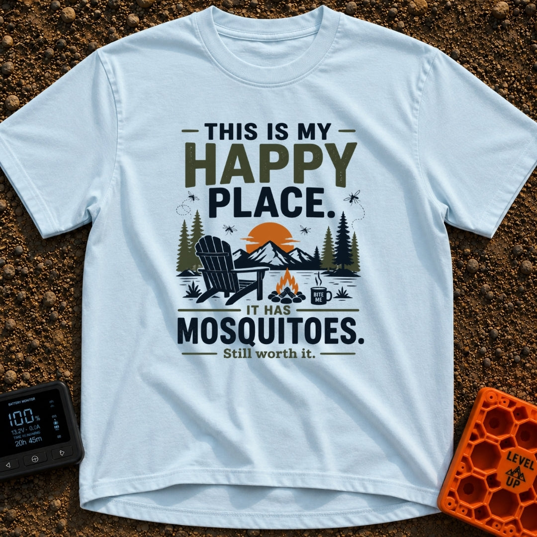 My Itchy Happy Place - T-Shirt in Chambray - An illustration of an Adirondack chair next to a campfire with a steaming...