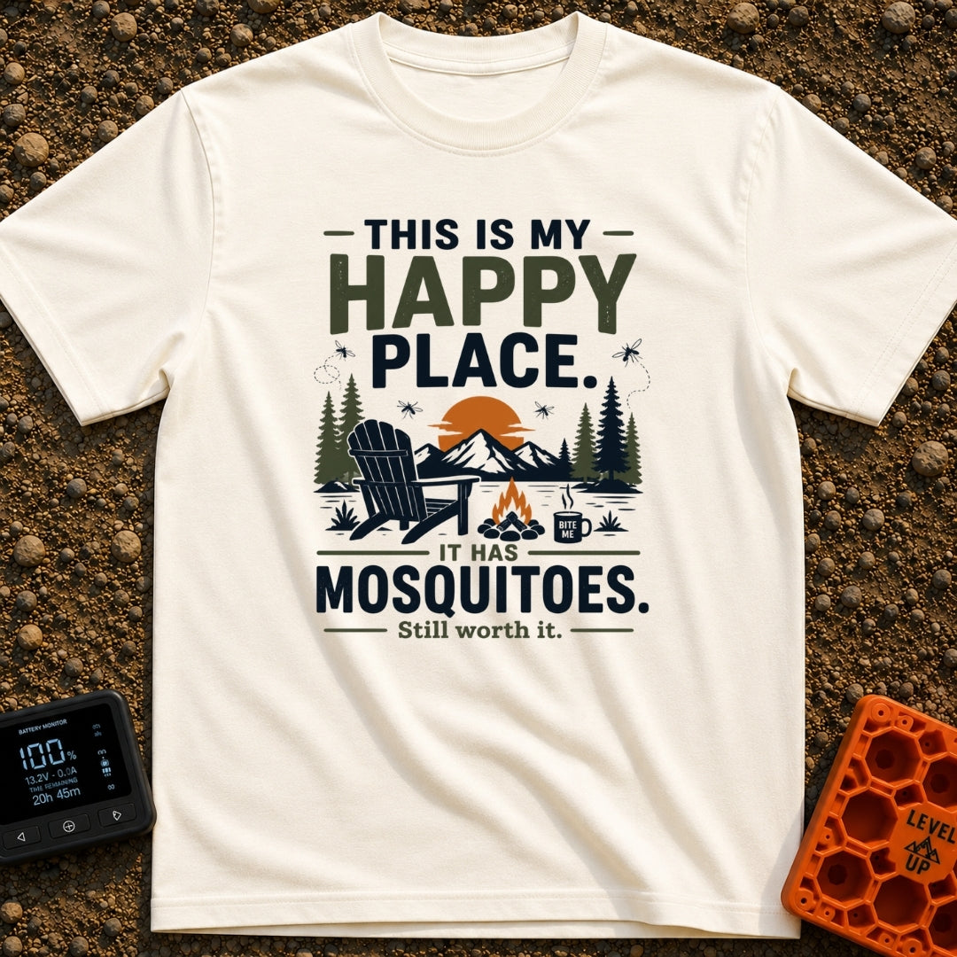 My Itchy Happy Place - T-Shirt in Ivory - An illustration of an Adirondack chair next to a campfire with a steaming mug...