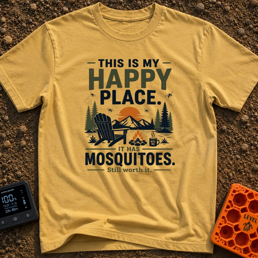 My Itchy Happy Place - T-Shirt in Mustard - An illustration of an Adirondack chair next to a campfire with a steaming mug...