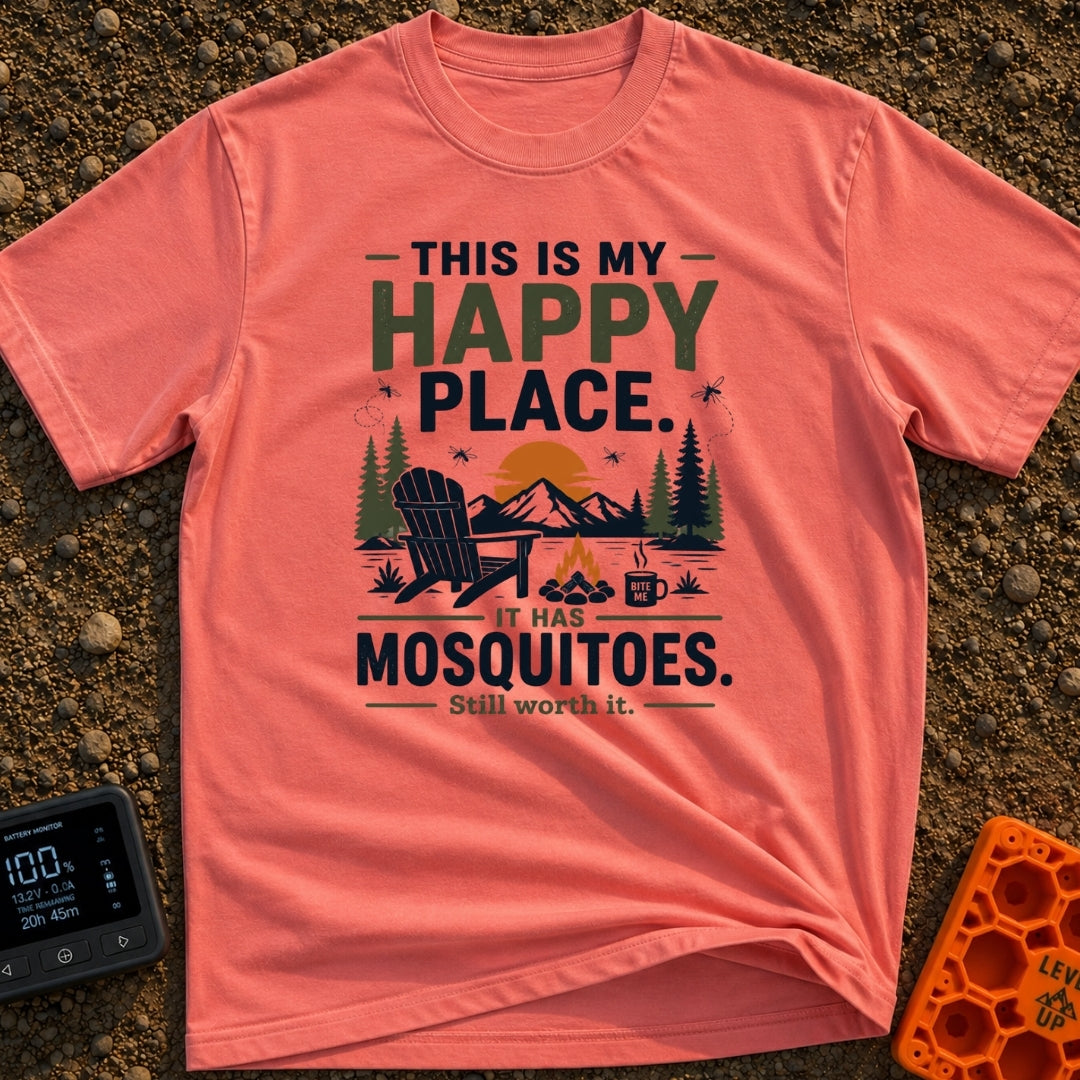 My Itchy Happy Place - T-Shirt in Watermelon - An illustration of an Adirondack chair next to a campfire with a steaming...