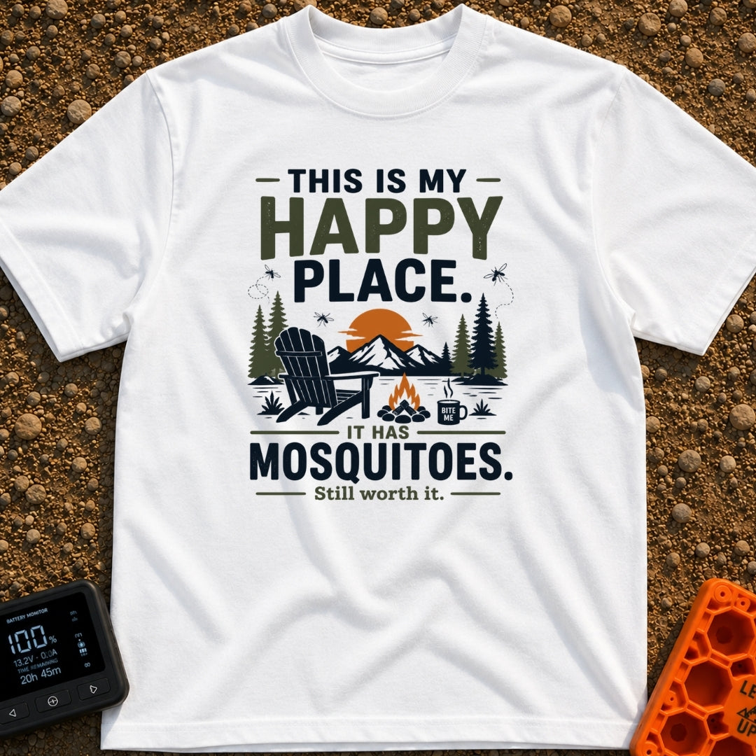 My Itchy Happy Place - T-Shirt in White - An illustration of an Adirondack chair next to a campfire with a steaming mug...