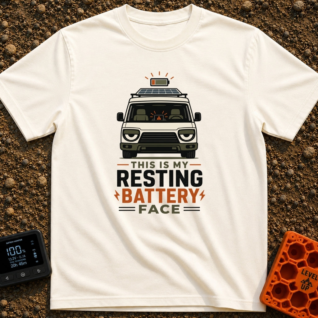 Resting Battery Face - T-Shirt in Ivory - A front-facing illustration of a camper van with a roof-mounted solar panel and...