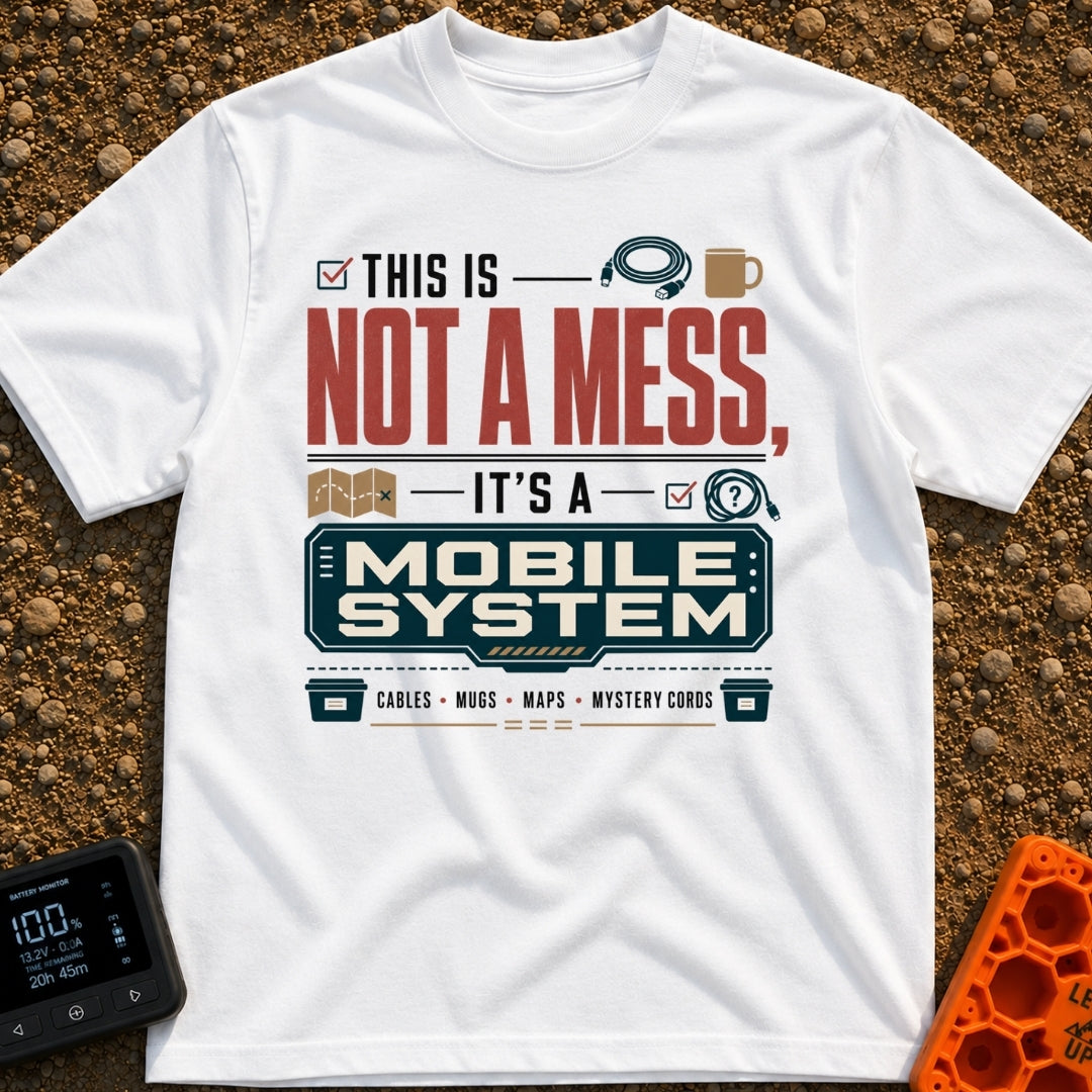 Just A Mobile System - T-Shirt in White - A text-based design reading "THIS IS NOT A MESS, IT'S A MOBILE SYSTEM"...