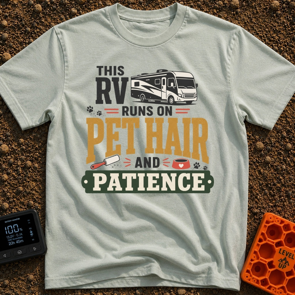 Pet Hair Express - T-Shirt in Bay - A graphic featuring an illustration of a modern RV, scattered paw prints, a lint...