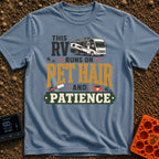 Pet Hair Express - T-Shirt in Blue Jean - A graphic featuring an illustration of a modern RV, scattered paw prints, a...
