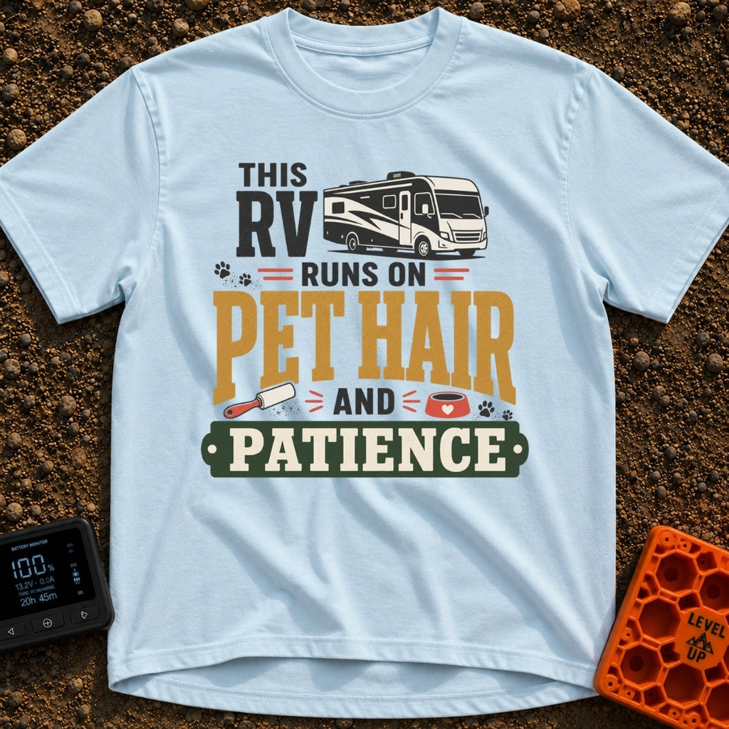 Pet Hair Express - T-Shirt in Chambray - A graphic featuring an illustration of a modern RV, scattered paw prints, a lint...