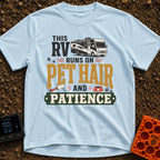 Pet Hair Express - T-Shirt in Chambray - A graphic featuring an illustration of a modern RV, scattered paw prints, a lint...
