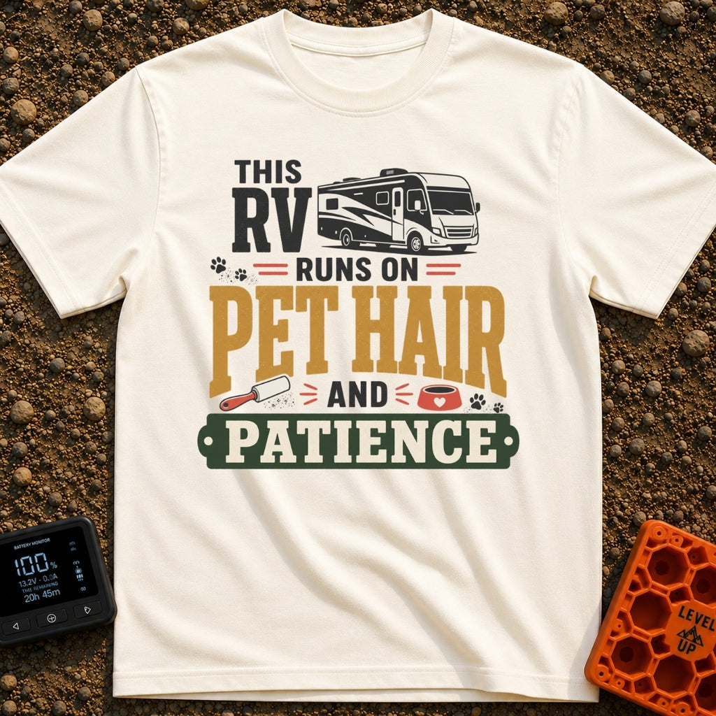 Pet Hair Express - T-Shirt in Ivory - A graphic featuring an illustration of a modern RV, scattered paw prints, a lint...