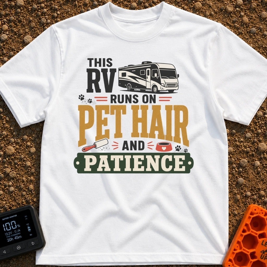 Pet Hair Express - T-Shirt in White - A graphic featuring an illustration of a modern RV, scattered paw prints, a lint...