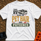 Pet Hair Express - T-Shirt in White - A graphic featuring an illustration of a modern RV, scattered paw prints, a lint...