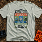 Solar Coffee And Chaos - T-Shirt in Bay - A stacked typographic design featuring three square panels that illustrate a...