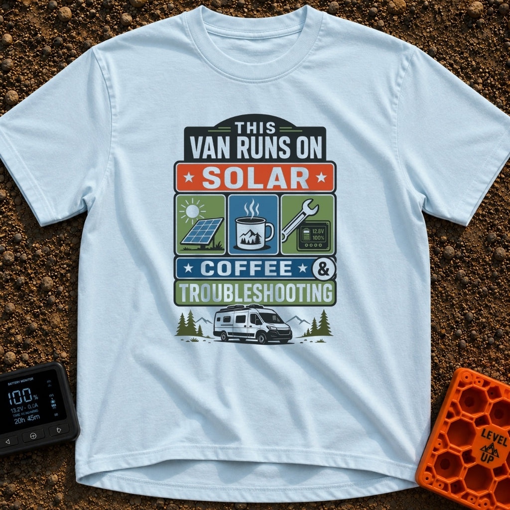 Solar Coffee And Chaos - T-Shirt in Chambray - A stacked typographic design featuring three square panels that illustrate...