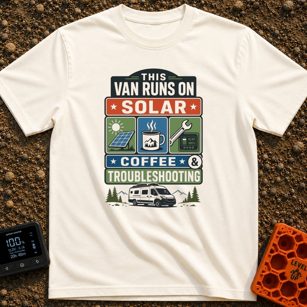 Solar Coffee And Chaos - T-Shirt in Ivory - A stacked typographic design featuring three square panels that illustrate a...