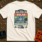 Solar Coffee And Chaos - T-Shirt in Ivory - A stacked typographic design featuring three square panels that illustrate a...