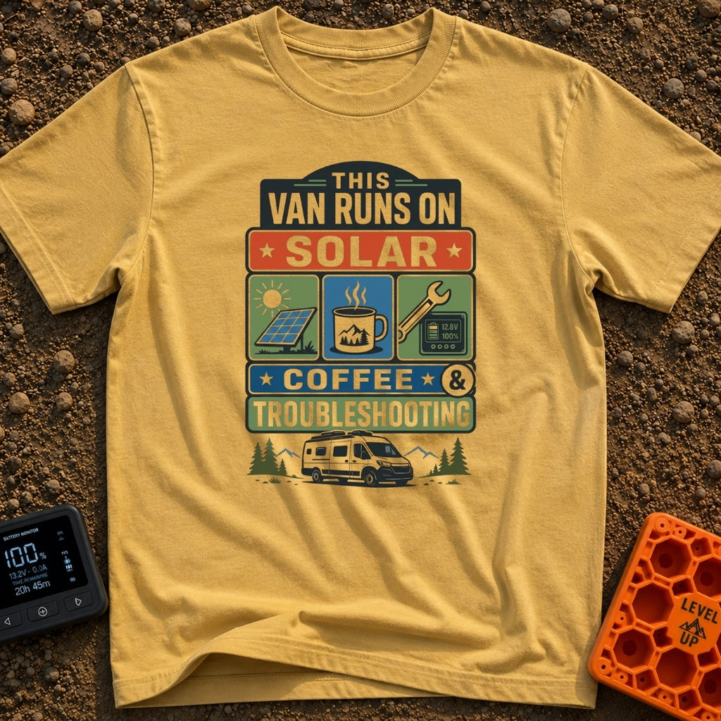 Solar Coffee And Chaos - T-Shirt in Mustard - A stacked typographic design featuring three square panels that illustrate...