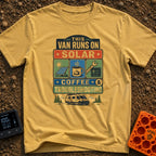 Solar Coffee And Chaos - T-Shirt in Mustard - A stacked typographic design featuring three square panels that illustrate...